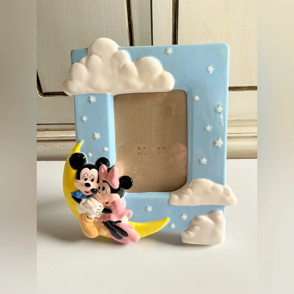 Vintage Mickey Mouse & Minnie Mouse Sitting On The Moon Ceramic Picture Frame